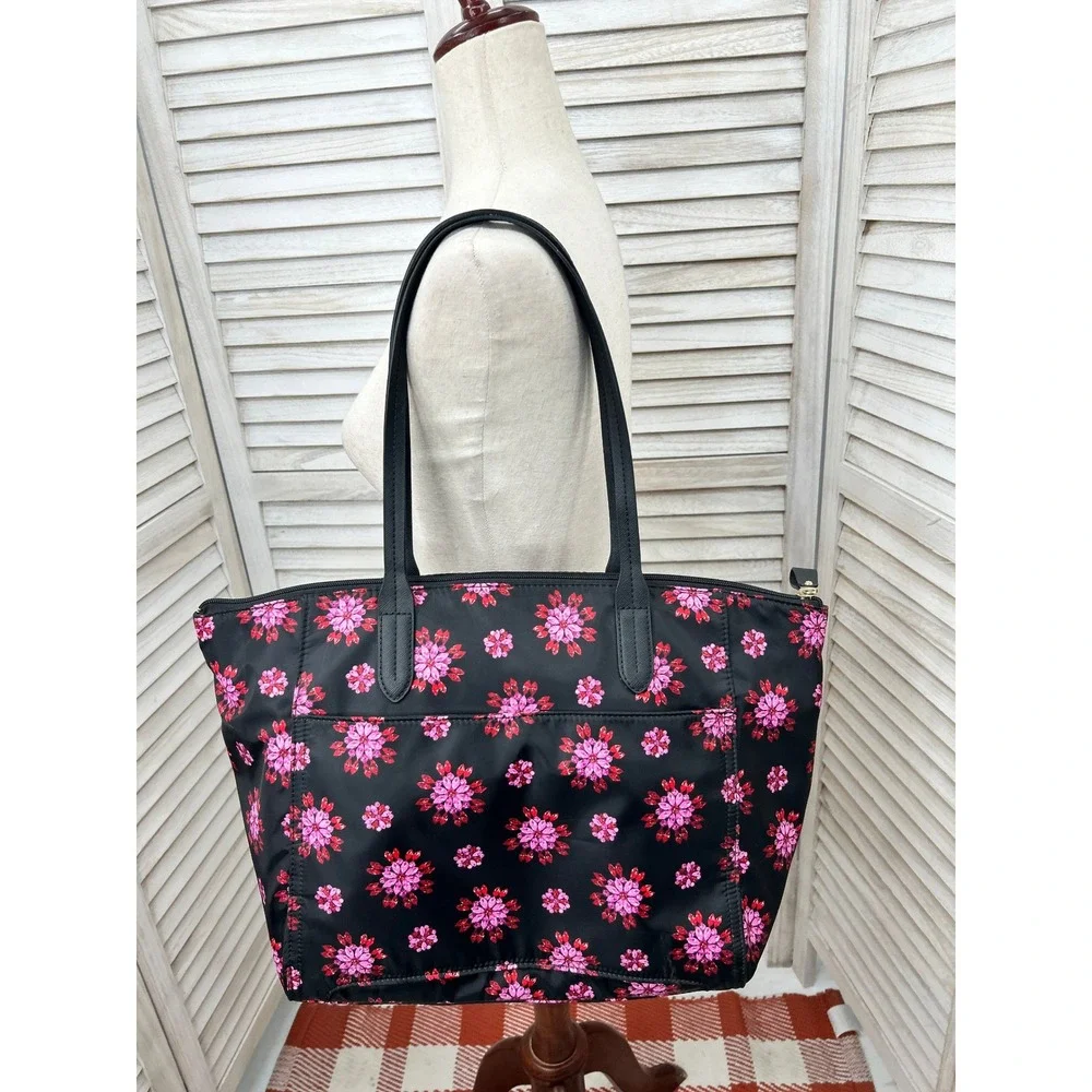 Michael Kors Nylon Kelsey Tote Bag Black & Pink Gem Floral Laptop Bag Work Purse
